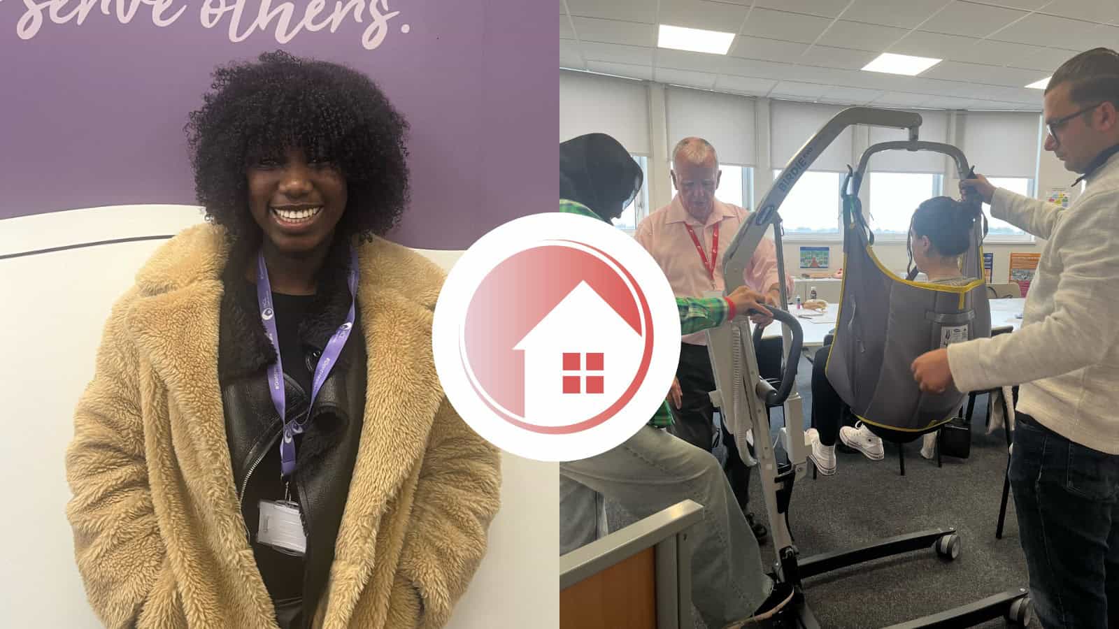 Picture of a girl wearing a beige winter coat smiling at the camera against a purple background, and a picture of a group of individuals learning how to use a hoist during training