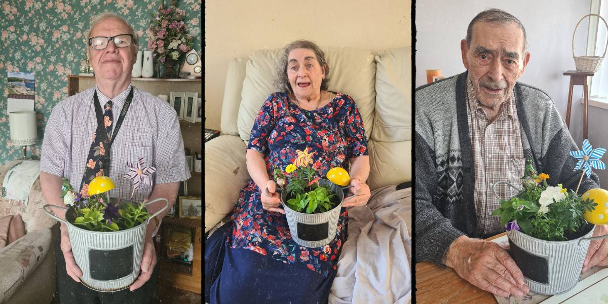 3 service users posing with vibrant flower pots, taking part in fun hobbies.