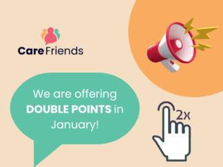 A graphic against a pale orange background, highlighting the double points scheme for Care Friends.