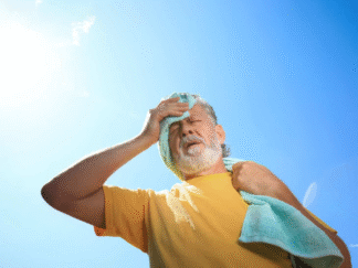 Image of an older man with a towel, dabbing off sweat underneath the sun.