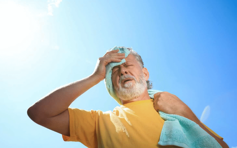Image of an older man with a towel, dabbing off sweat underneath the sun.