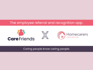 Graphic against a light pink background, emphasising the partnership between Care Friends and Homecarers.