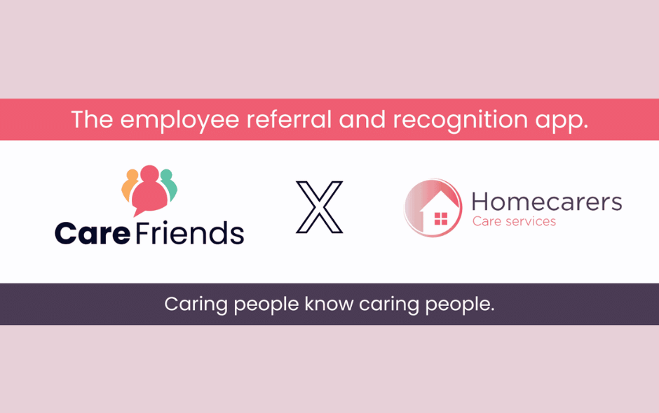 Graphic against a light pink background, emphasising the partnership between Care Friends and Homecarers.