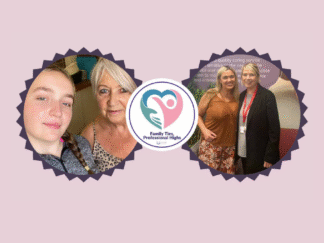 A graphic with 2 images of family members, with a logo for Family Ties in the middle.