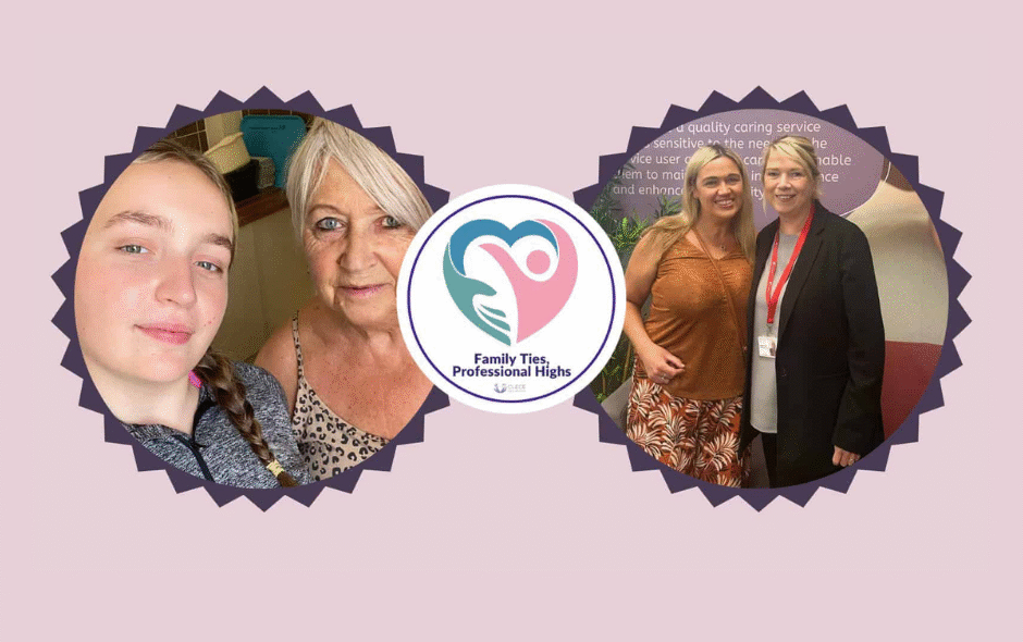 A graphic with 2 images of family members, with a logo for Family Ties in the middle.