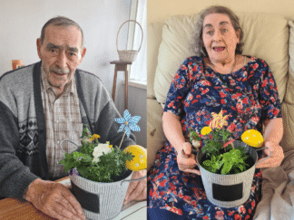 2 pictures of service users holding plant pots.