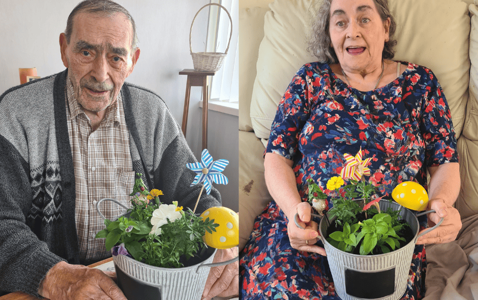 2 pictures of service users holding plant pots.
