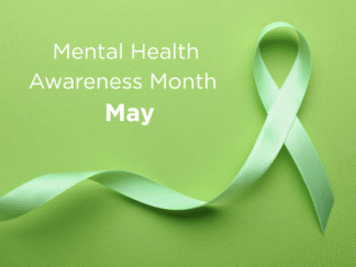 A graphic against a green background, highlighting mental health awareness month.