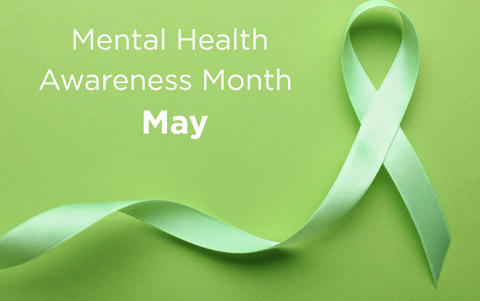 A graphic against a green background, highlighting mental health awareness month.