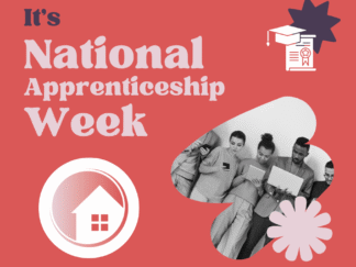 Graphic against a red background, highlighting National Apprenticeship Week.