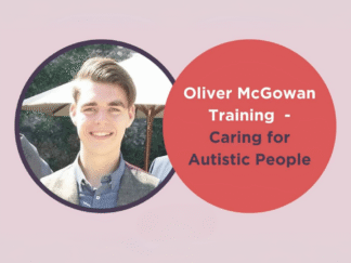 A graphic including an image of Oliver McGowan, against a pink background with a red circle to the right, including the following text: "Oliver McGowan Training - Caring for Autistic People"