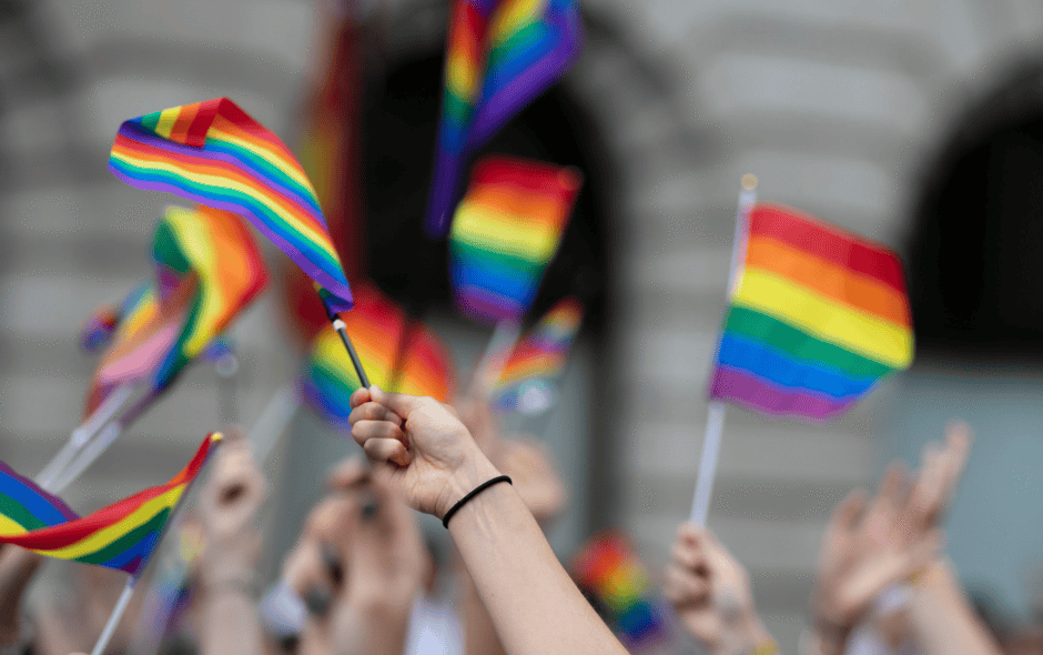 Image of a crowd waving rainbow coloured flags.