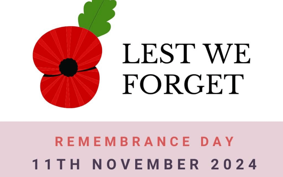 A graphic against a white background with a red poppy, referencing to Remembrance Day.