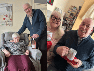 2 images of a couple holding a bottle of prosecco, and mugs, and smiling for the camera.