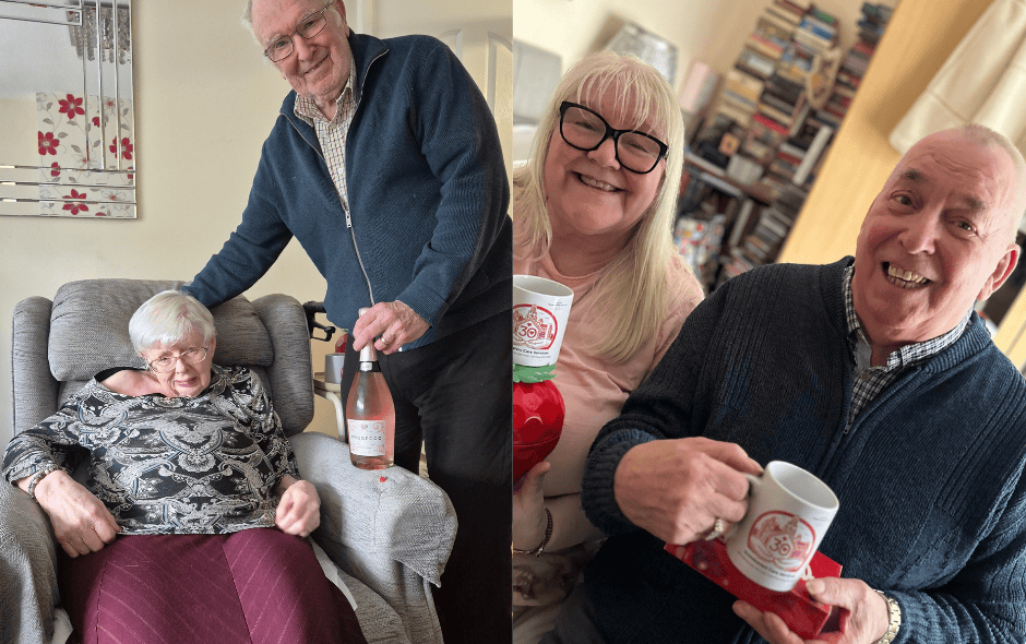 2 images of a couple holding a bottle of prosecco, and mugs, and smiling for the camera.