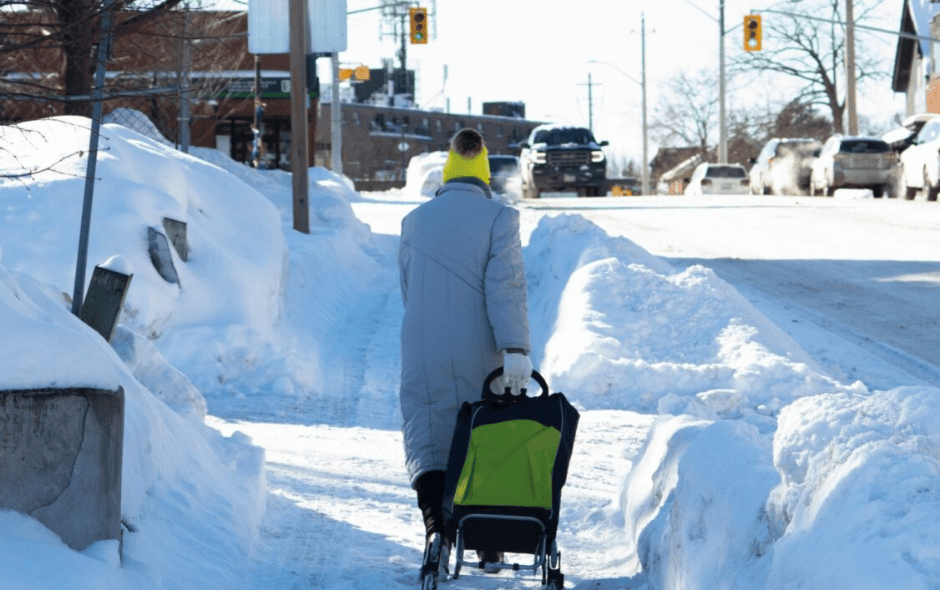 Image of an elderly person walking through snowy conditions.